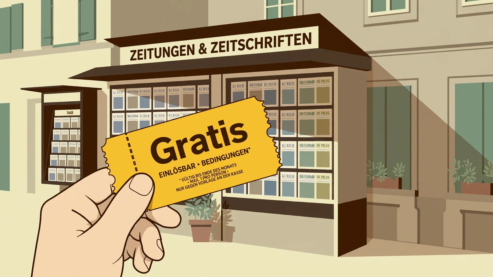Goldenes Gratis‑Ticket neben Zeitungsstand