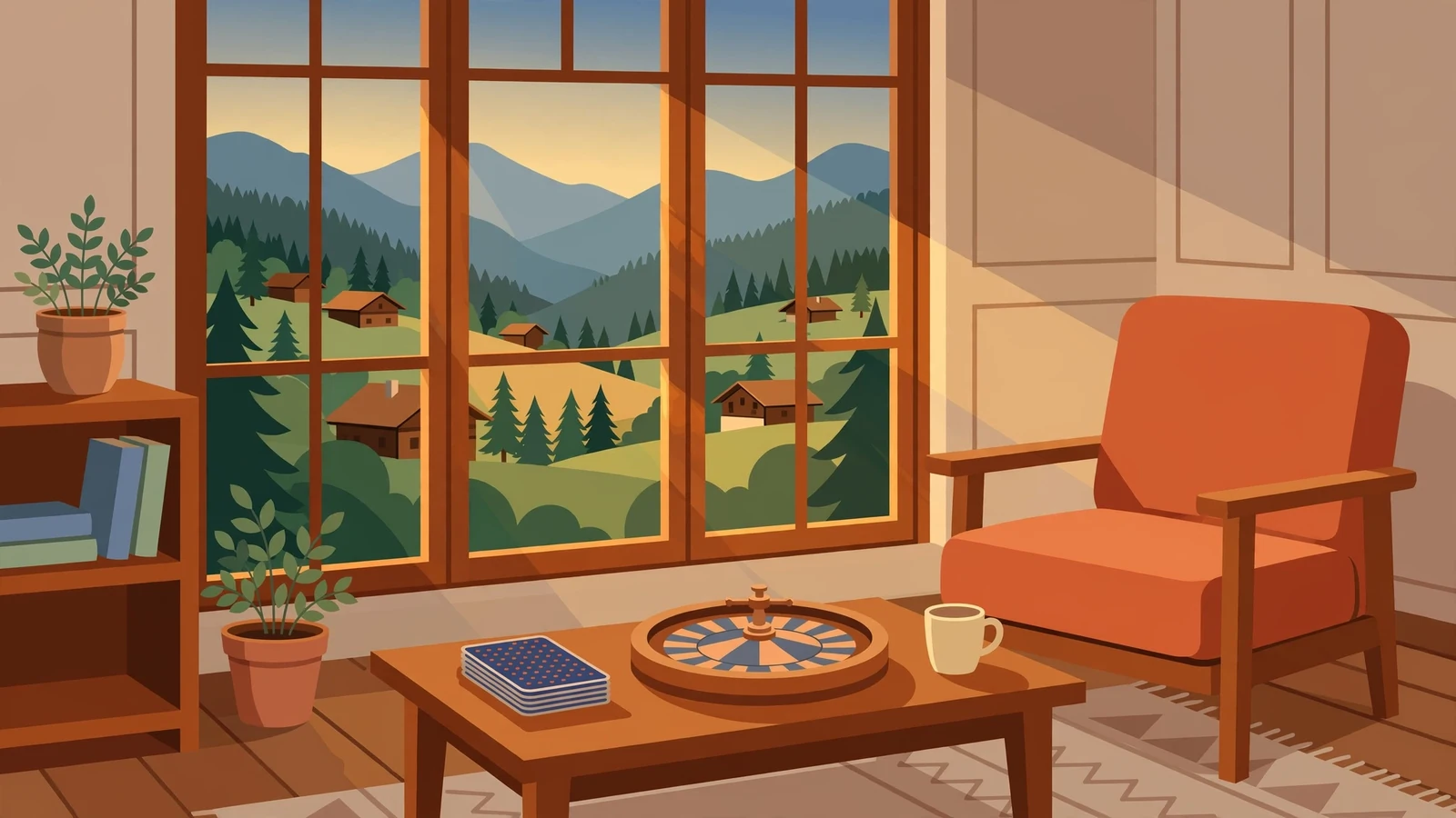 Gemütliches Wohnzimmer mit Spielkarten und Roulette